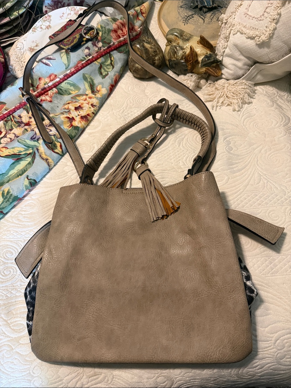Taupe Shoulder Bag with Tassel Accent